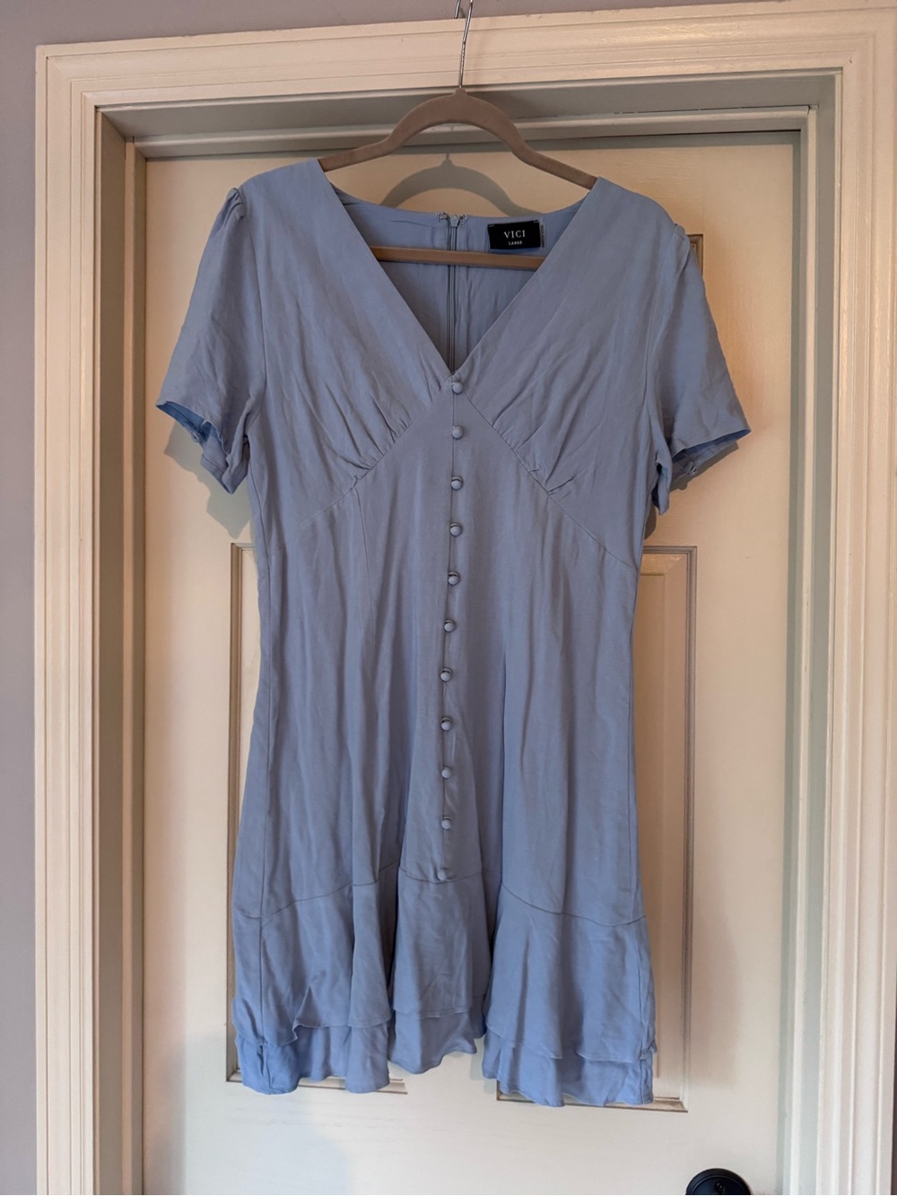 Vici Pale Blue Button-Front V-Neck Short Sleeve Dress
